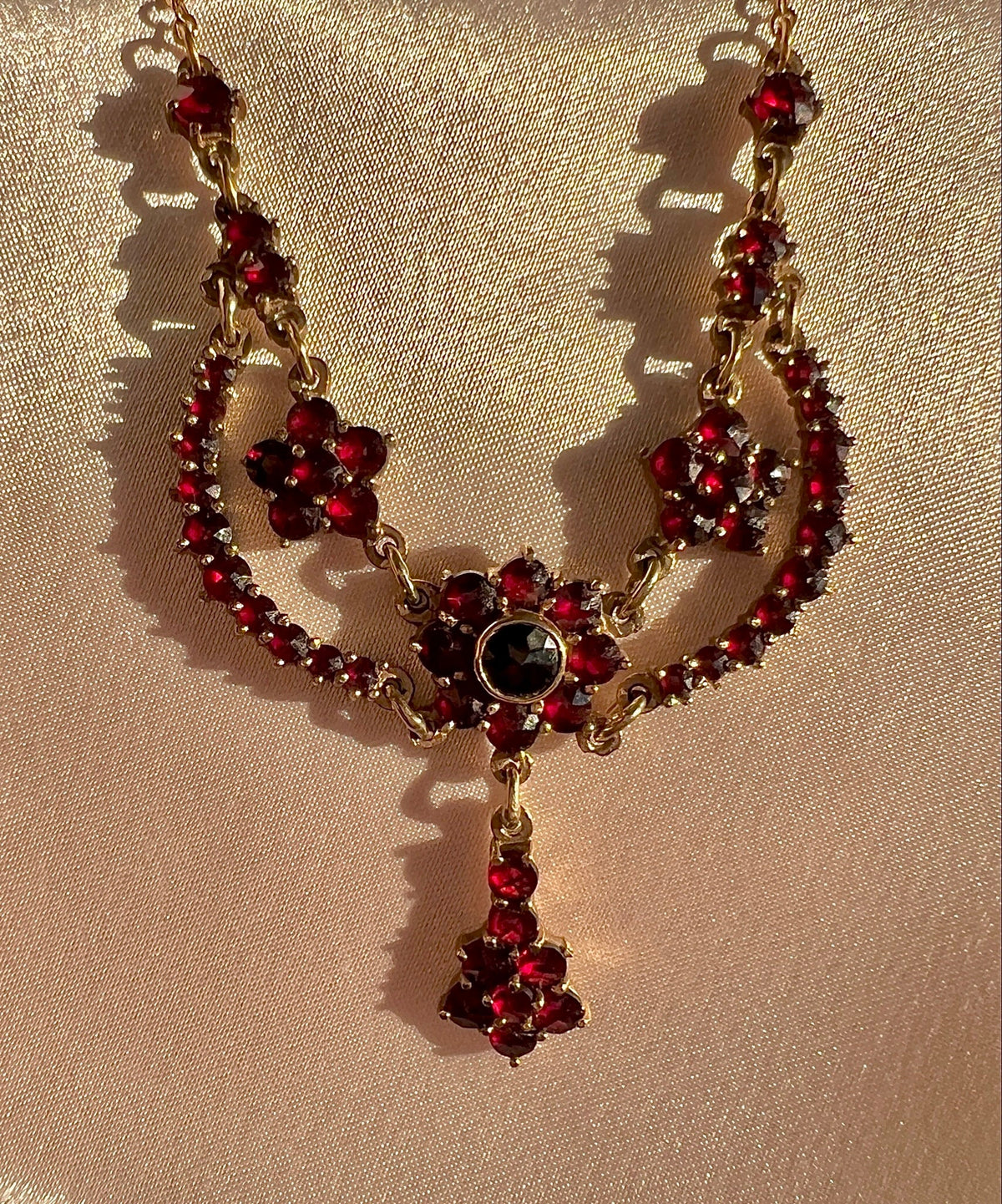 Vintage 9k Garnet Flower Cluster Necklace
