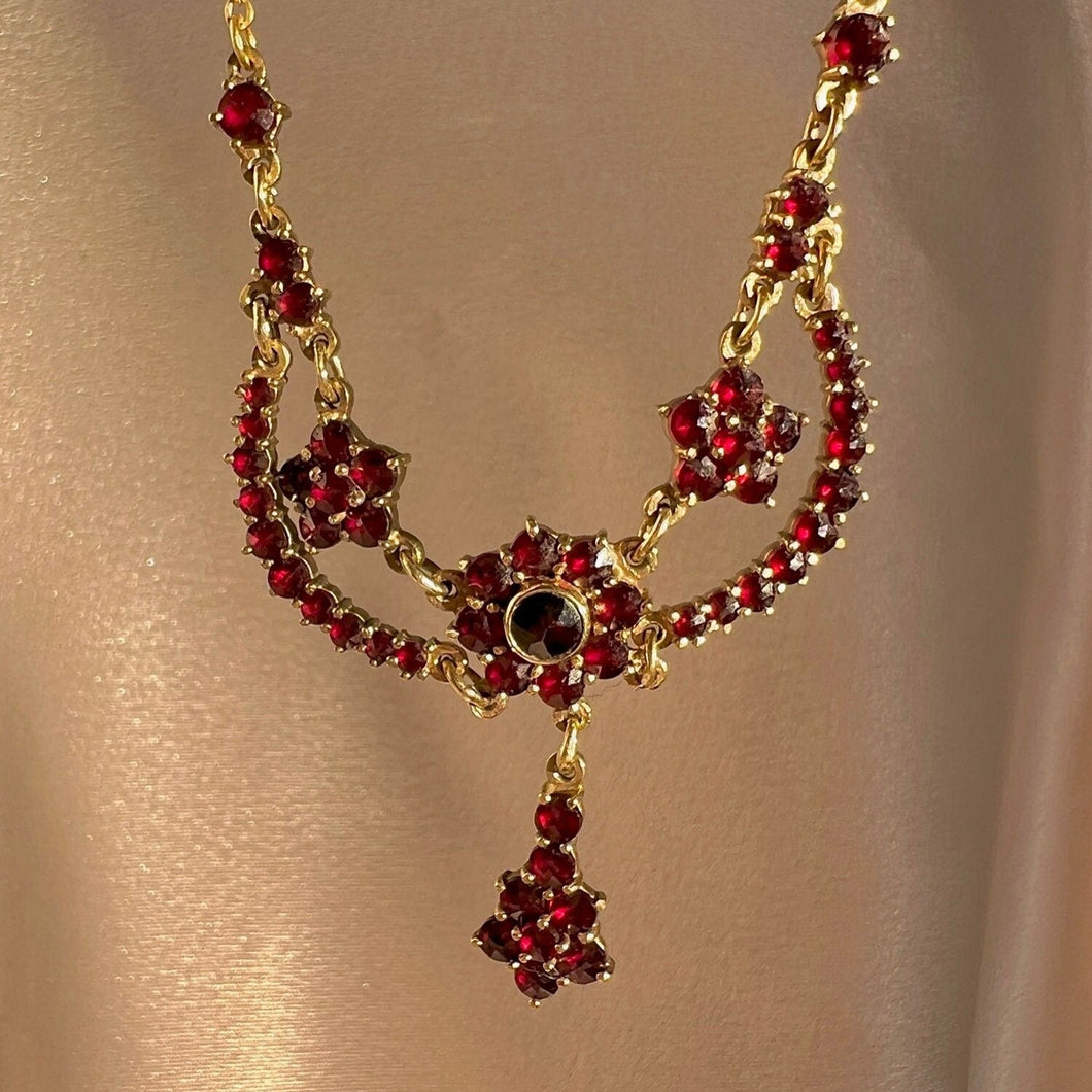 Vintage 9k Garnet Flower Cluster Necklace
