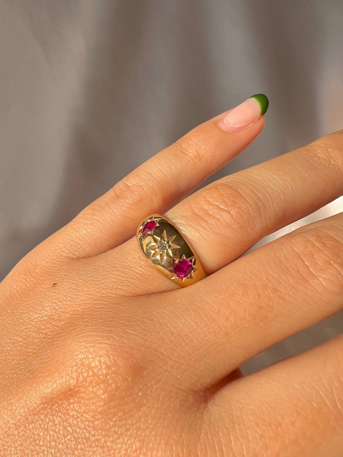 Antique 18k Diamond Ruby Starburst Trilogy Ring 1913