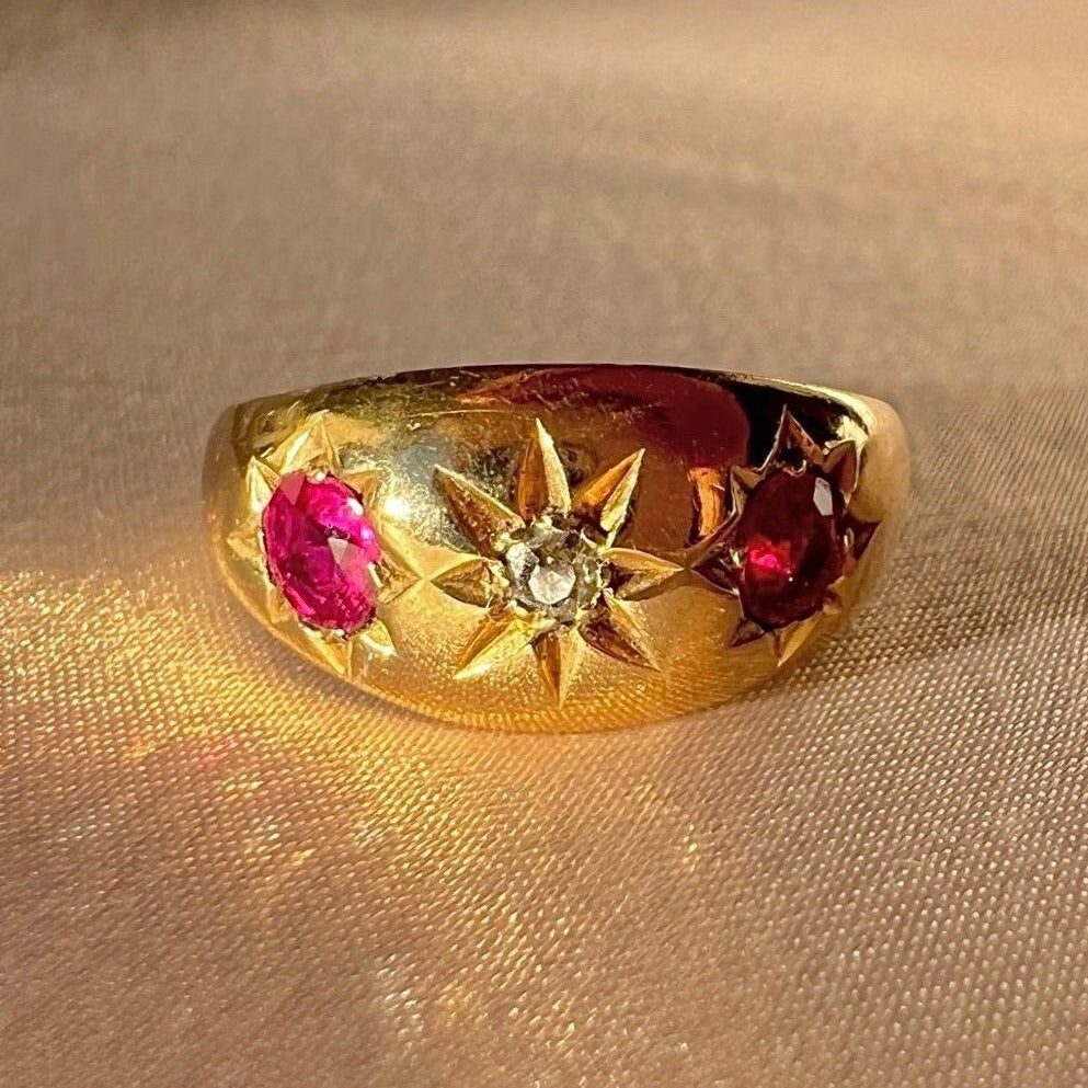 Antique 18k Diamond Ruby Starburst Trilogy Ring 1913
