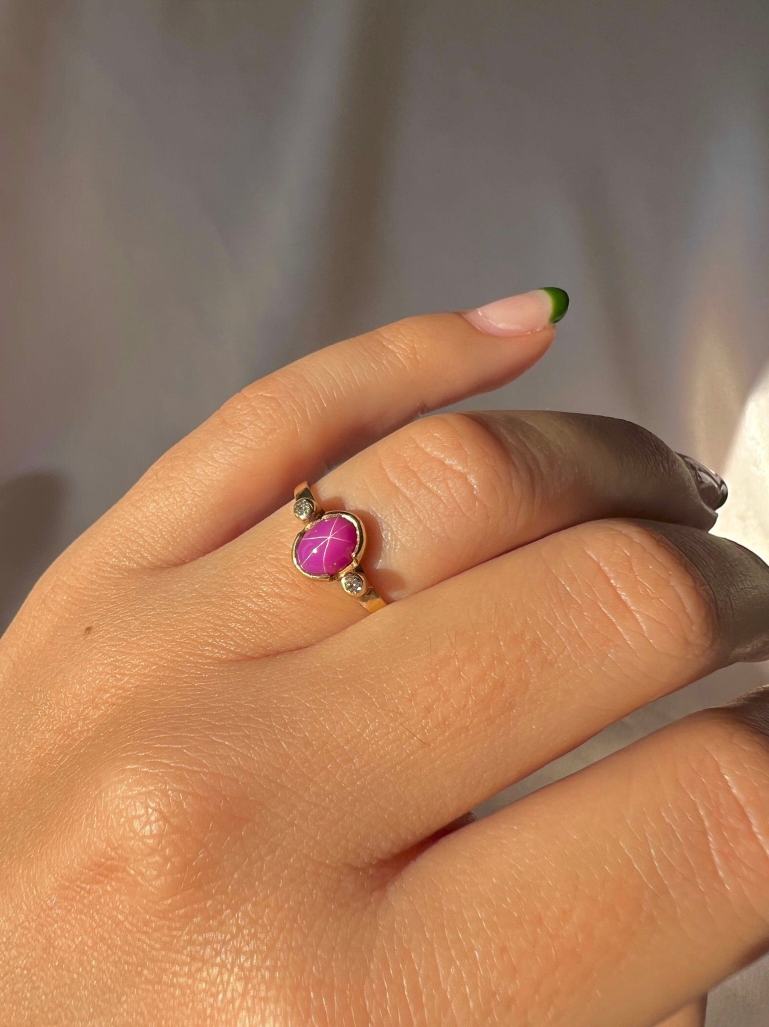 Vintage 10k Star Ruby Cabochon Diamond Ring - Main Image