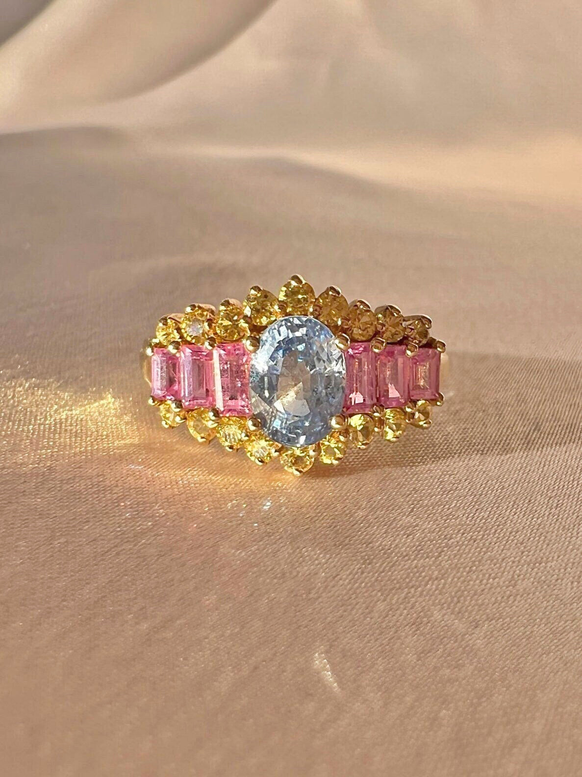 Vintage 9k Pastel Gemstone Cocktail Ring 1980