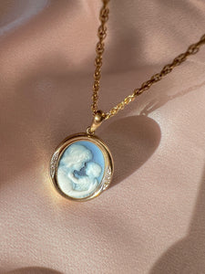 Vintage 10k Agate Diamond Mother Child Cameo Necklace