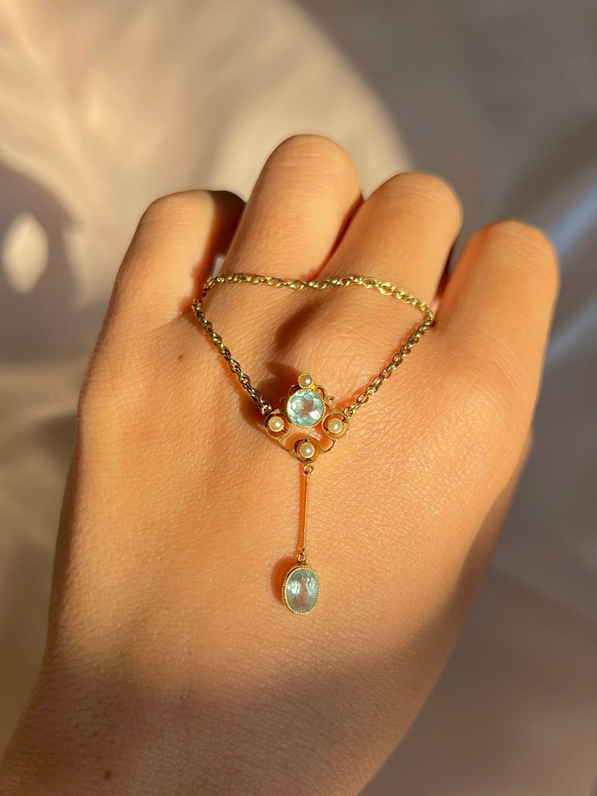 Antique 9k Aquamarine Pearl Edwardian Necklace