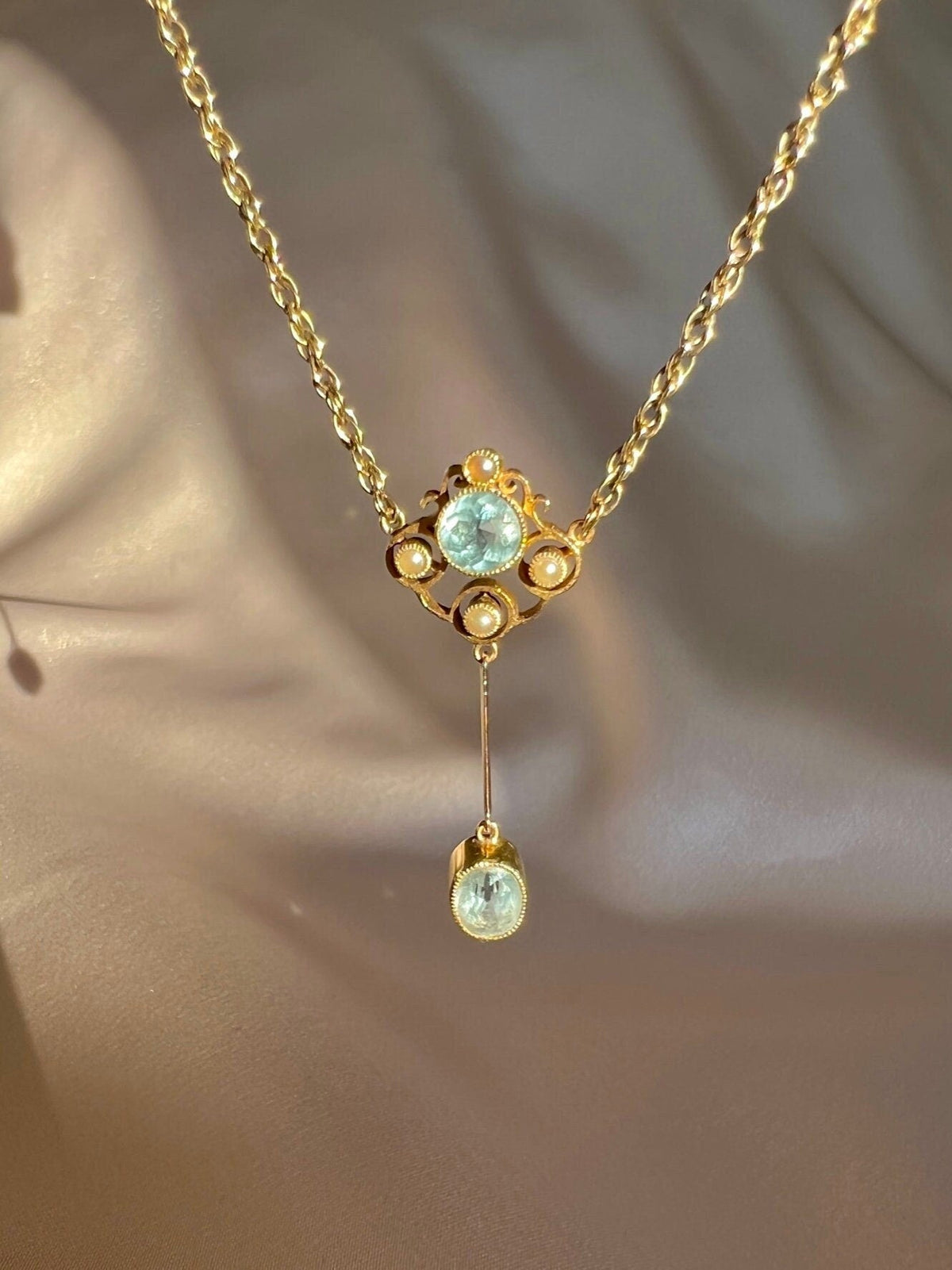Antique 9k Aquamarine Pearl Edwardian Necklace