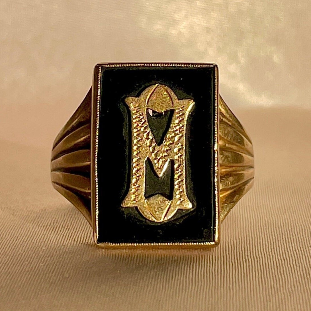 Antique 9k Onyx Monogram "M" Art Deco Signet Ring