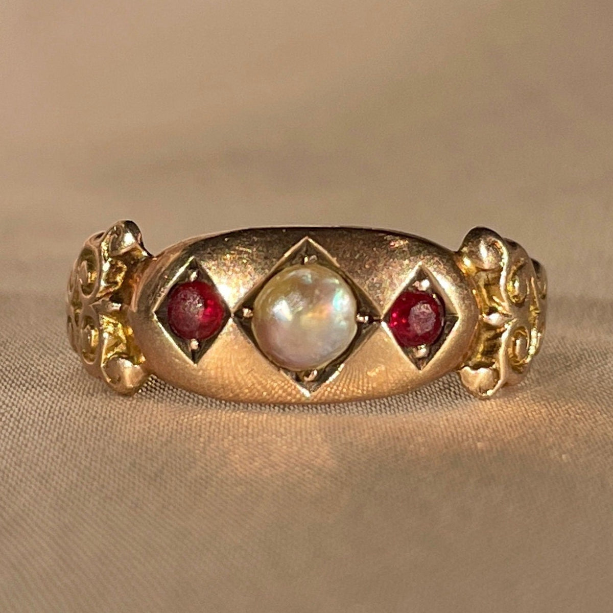 Antique 9k Pearl Ruby Marquise Ring 1904