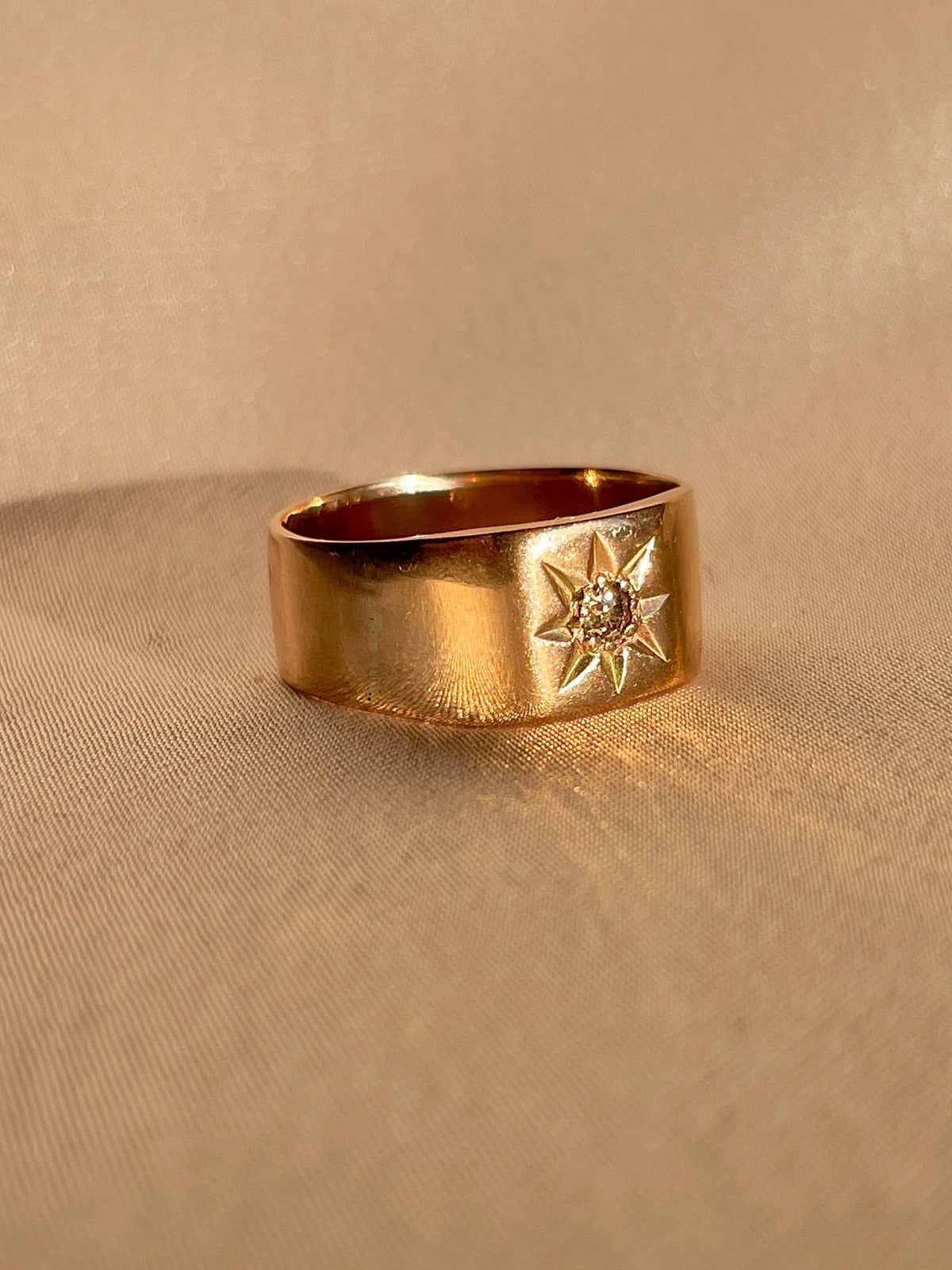 Antique 9k Rose Gold Diamond Solitaire Starburst Cigar Ring