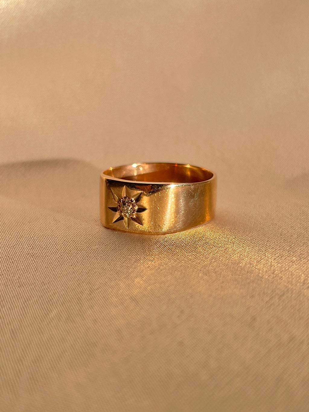 Antique 9k Rose Gold Diamond Solitaire Starburst Cigar Ring