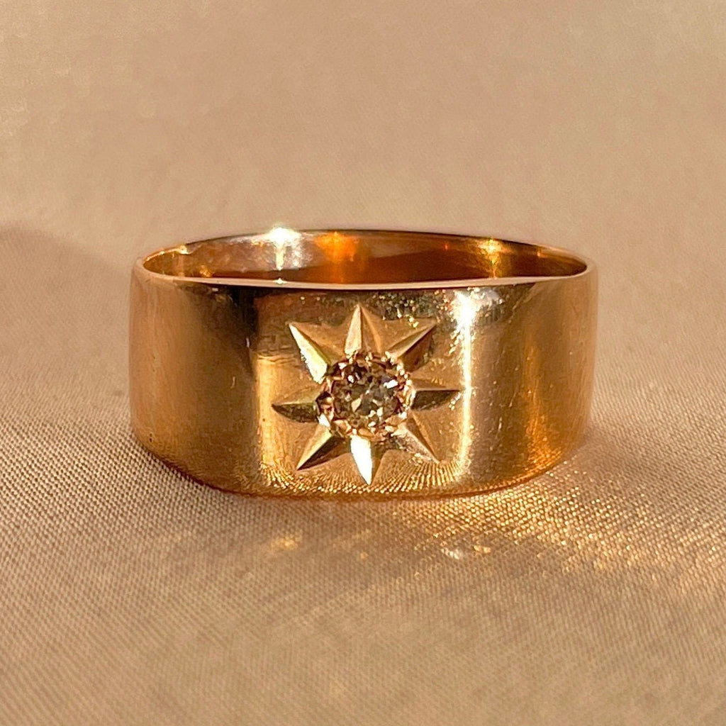Antique 9k Rose Gold Diamond Solitaire Starburst Cigar Ring