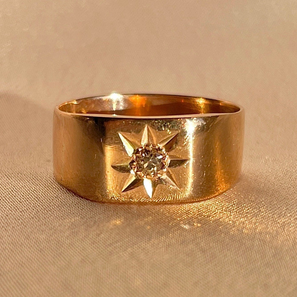 Antique 9k Rose Gold Diamond Solitaire Starburst Cigar Ring