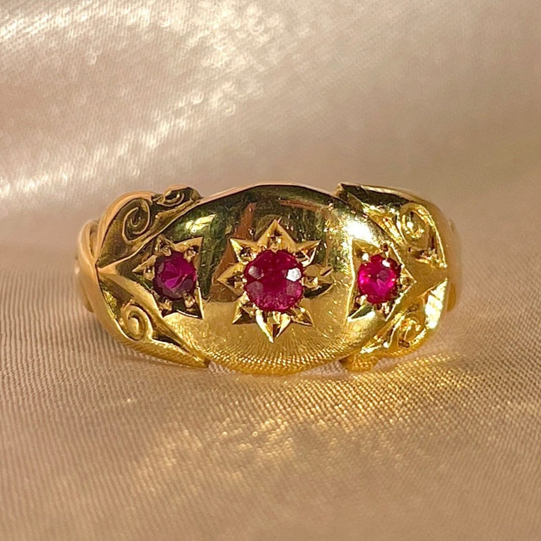 Antique 18k Ruby Starburst Trilogy Edwardian Ring