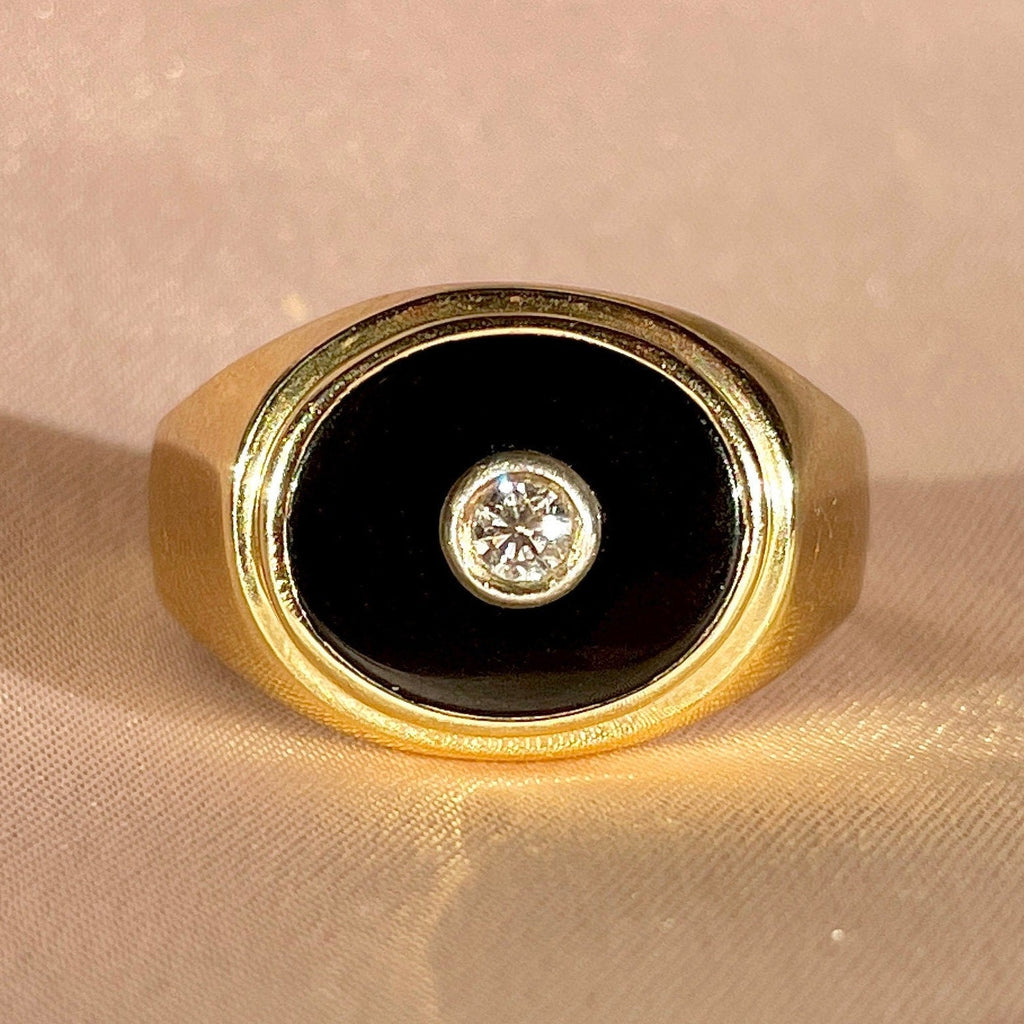 Vintage 14k Diamond Onyx East West Signet Ring