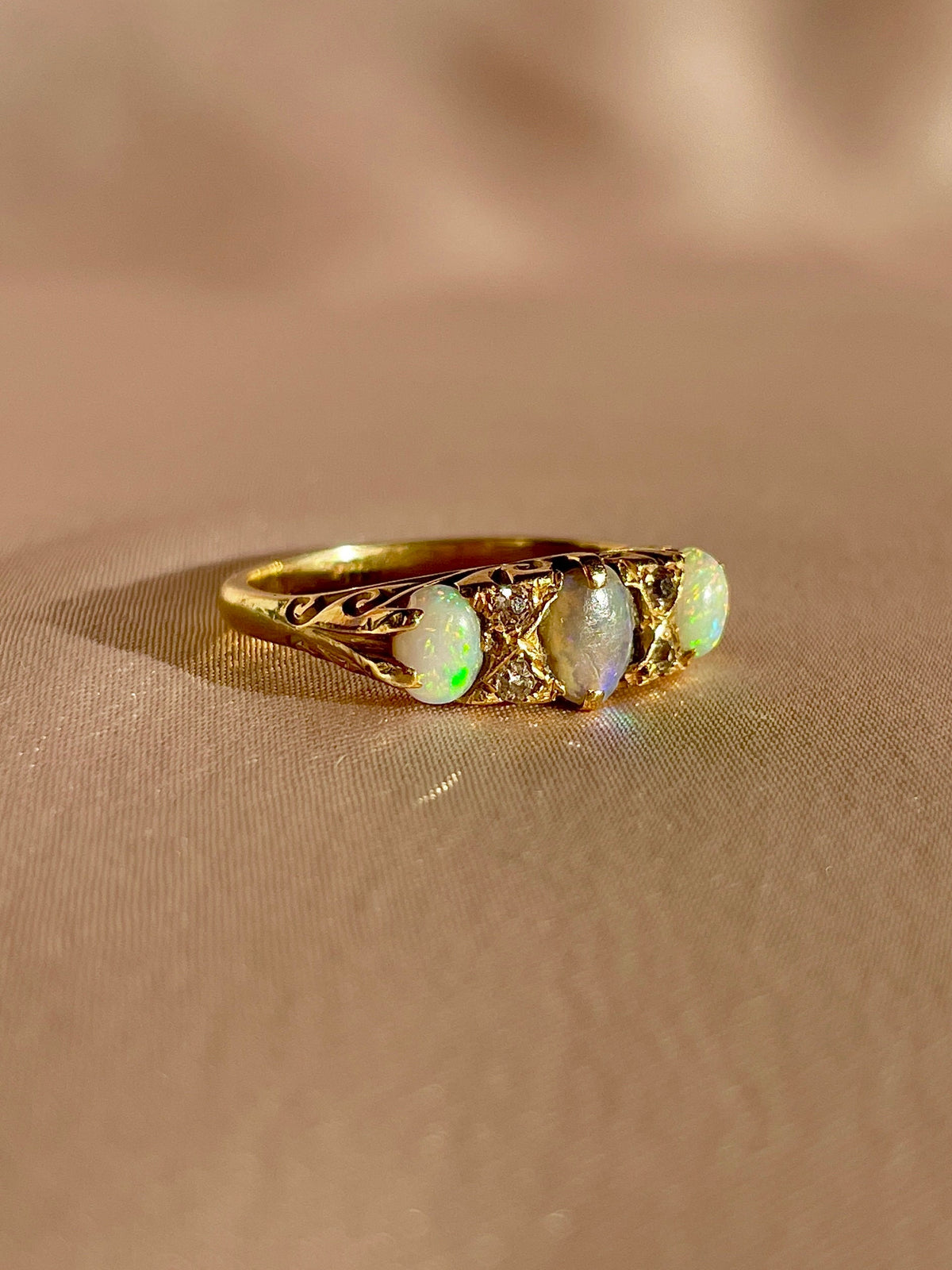 Antique 18k Opal Diamond Filigree Boat Ring