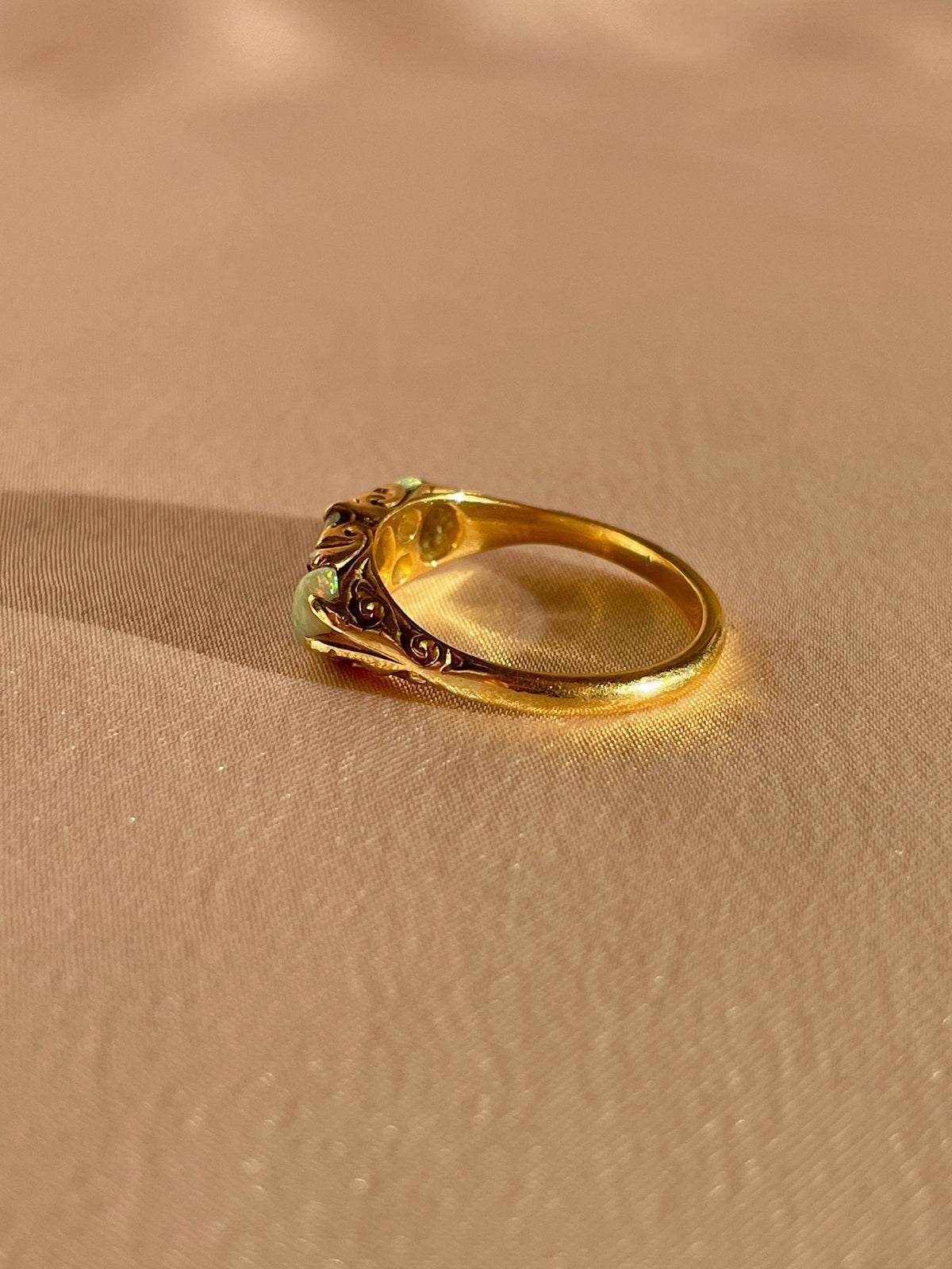 Antique 18k Opal Diamond Filigree Boat Ring