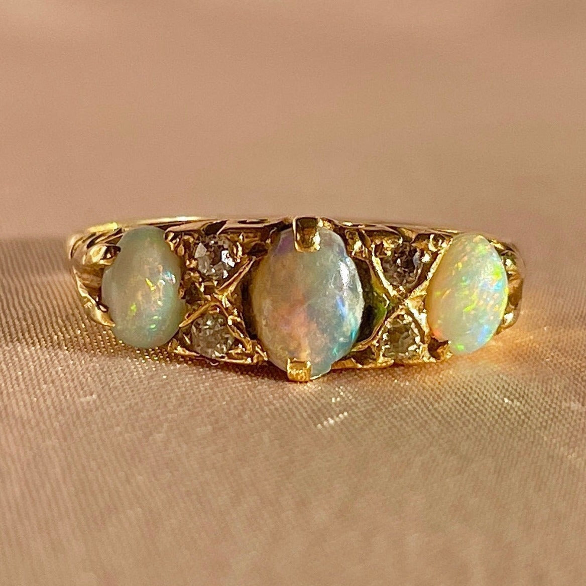 Antique 18k Opal Diamond Filigree Boat Ring