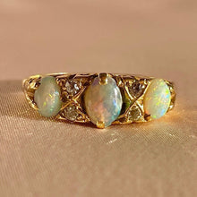Load image into Gallery viewer, Antique 18k Opal Diamond Filigree Boat Ring
