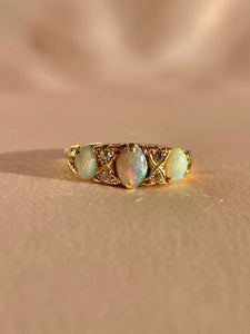 Antique 18k Opal Diamond Filigree Boat Ring
