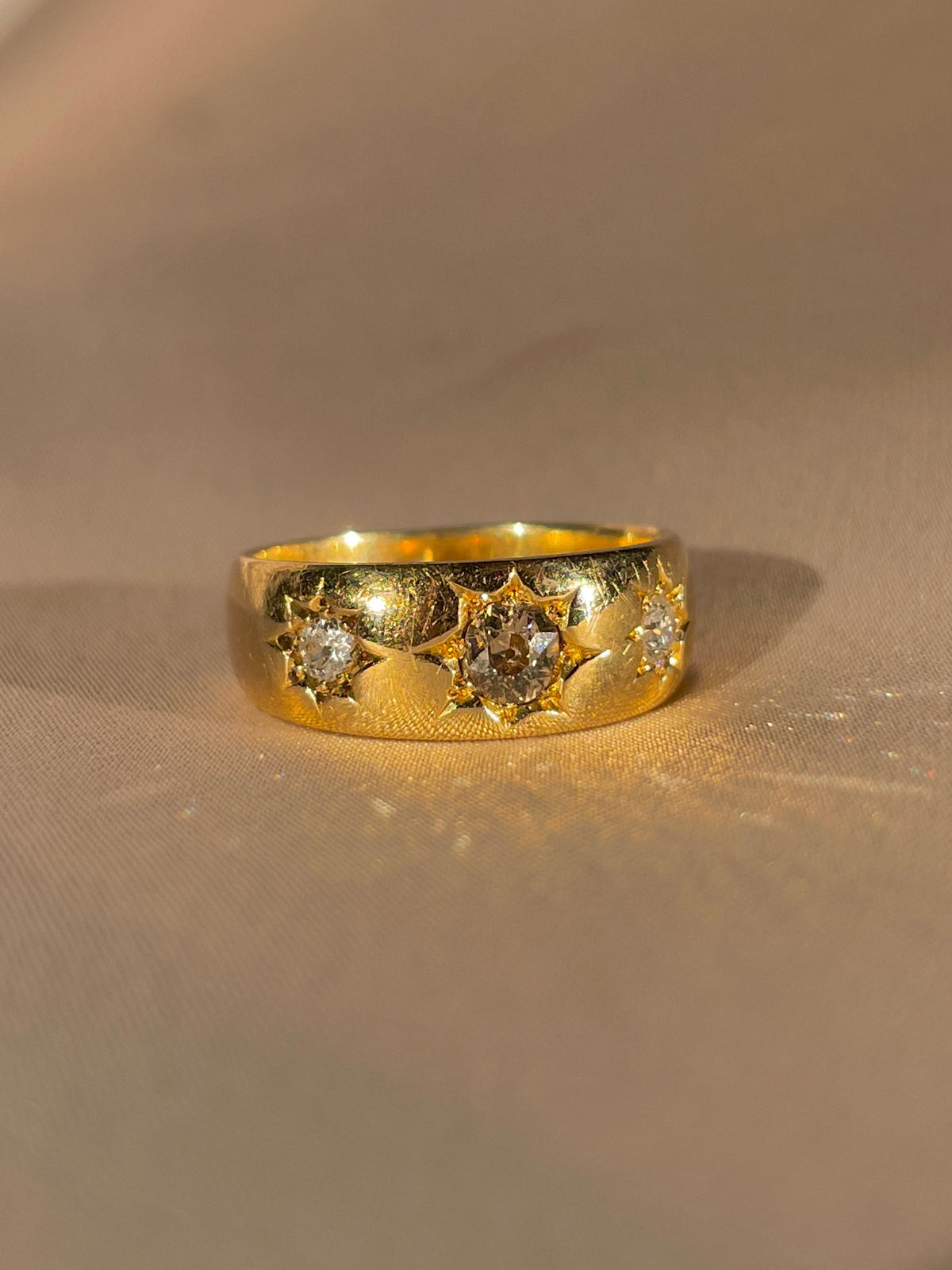 Antique 18k Diamond Starburst Champagne Trilogy Ring