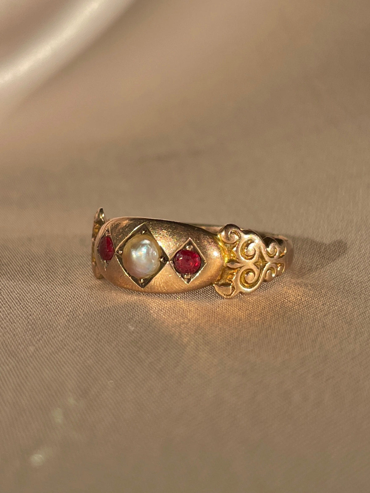 Antique 9k Pearl Ruby Marquise Ring 1904