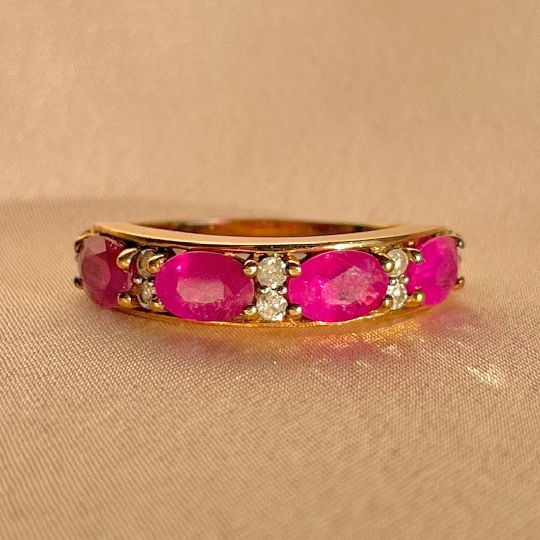 Vintage 9k Ruby Diamond Oval Half Eternity Ring