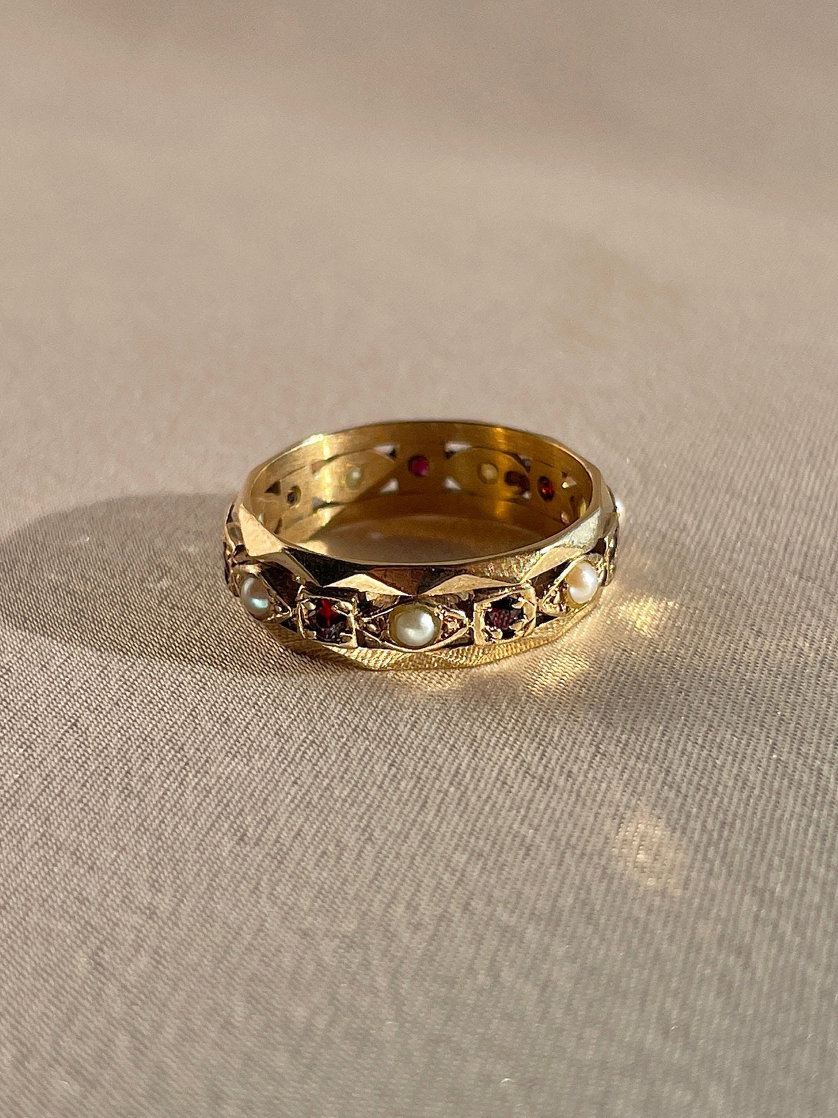 Antique 9k Garnet Pearl Eternity Marquise Square Band Ring