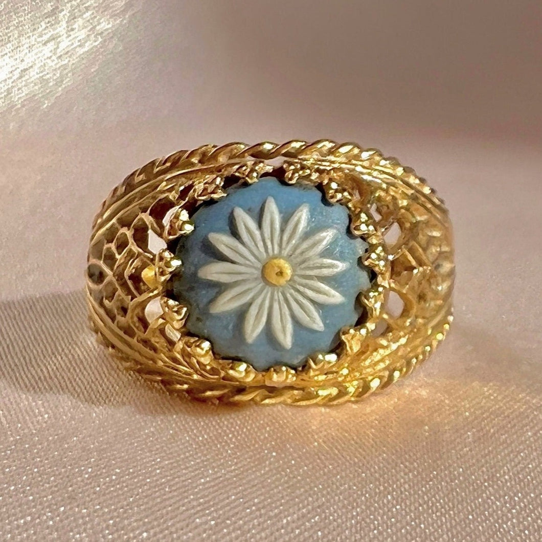 Vintage 14k Floral Cameo Jasper Lattice Ring