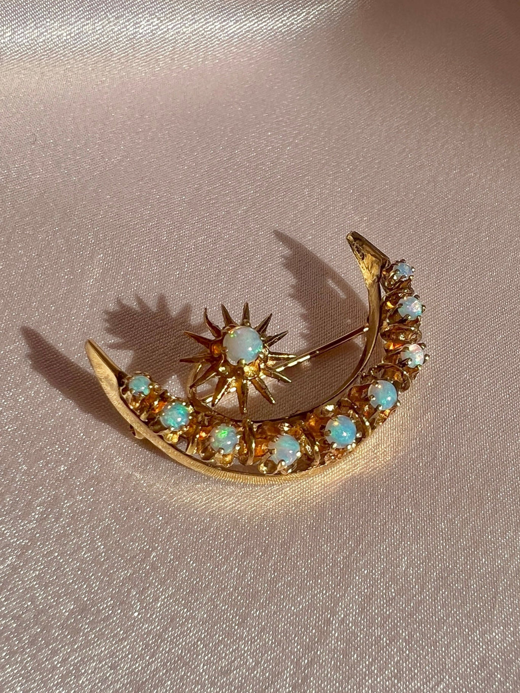 Antique 14k Opal Cabochon Crescent Star Necklace