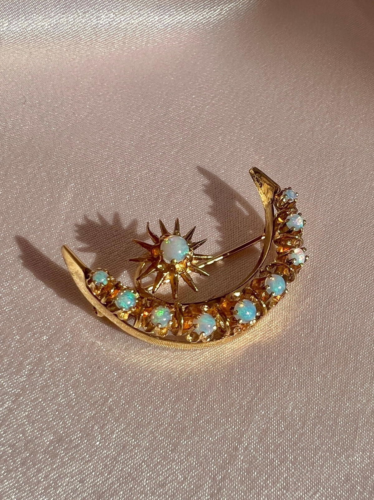Antique 14k Opal Cabochon Crescent Star Necklace