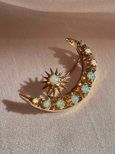 Antique 14k Opal Cabochon Crescent Star Brooch