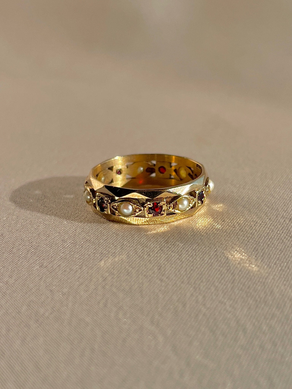 Antique 9k Garnet Pearl Eternity Marquise Square Band Ring