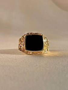Vintage 9k Onyx Hammered Signet Ring
