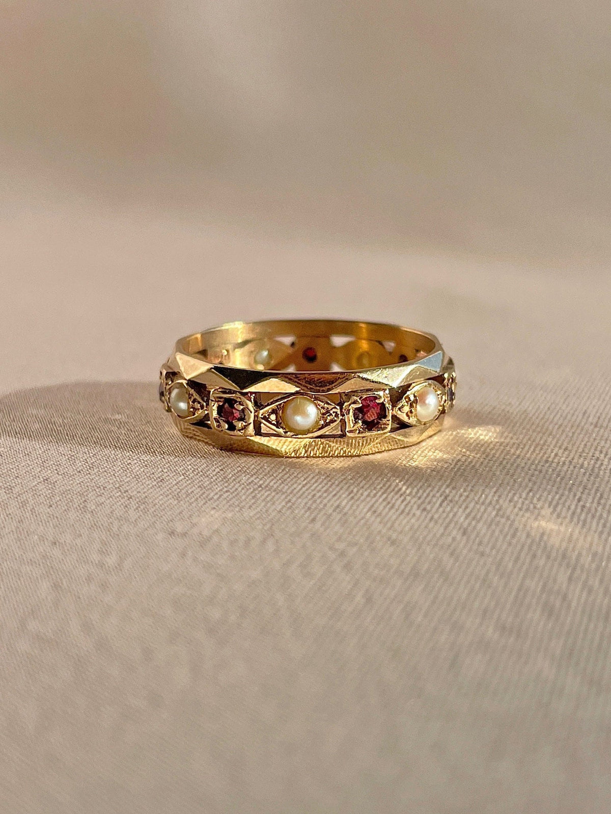Antique 9k Garnet Pearl Eternity Marquise Square Band Ring
