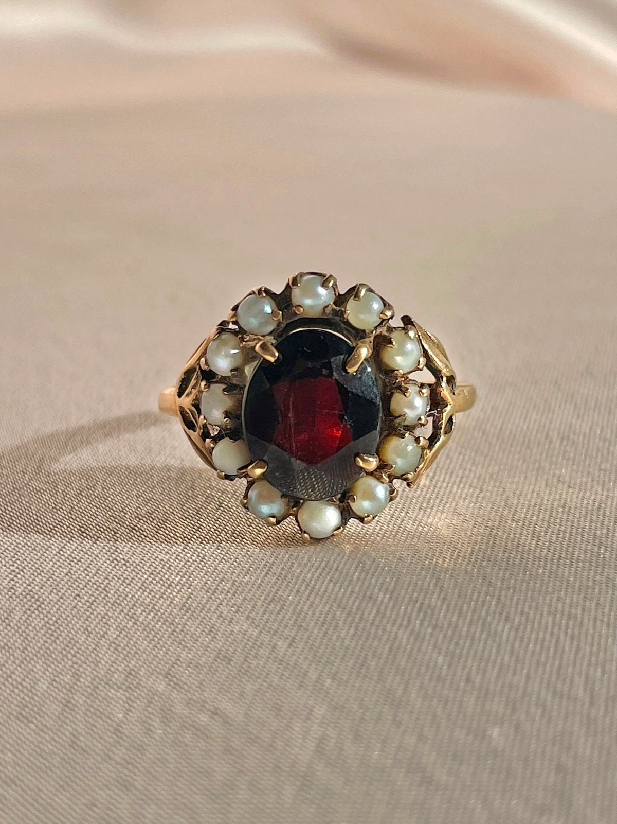 Antique 9k Garnet Pearl Halo Cluster RIng