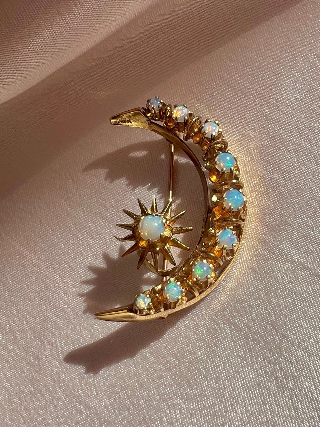 Antique 14k Opal Cabochon Crescent Star Necklace