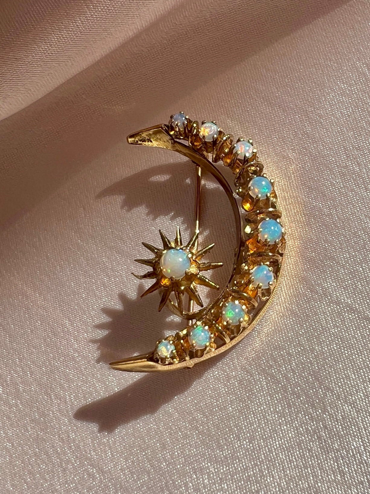 Antique 14k Opal Cabochon Crescent Star Necklace