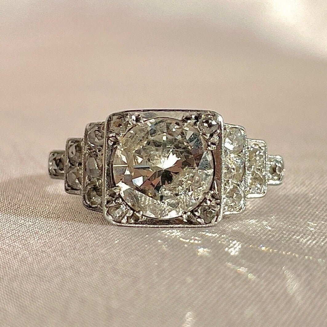Antique Platinum Diamond Deco Engagement Ring 2.10 ct