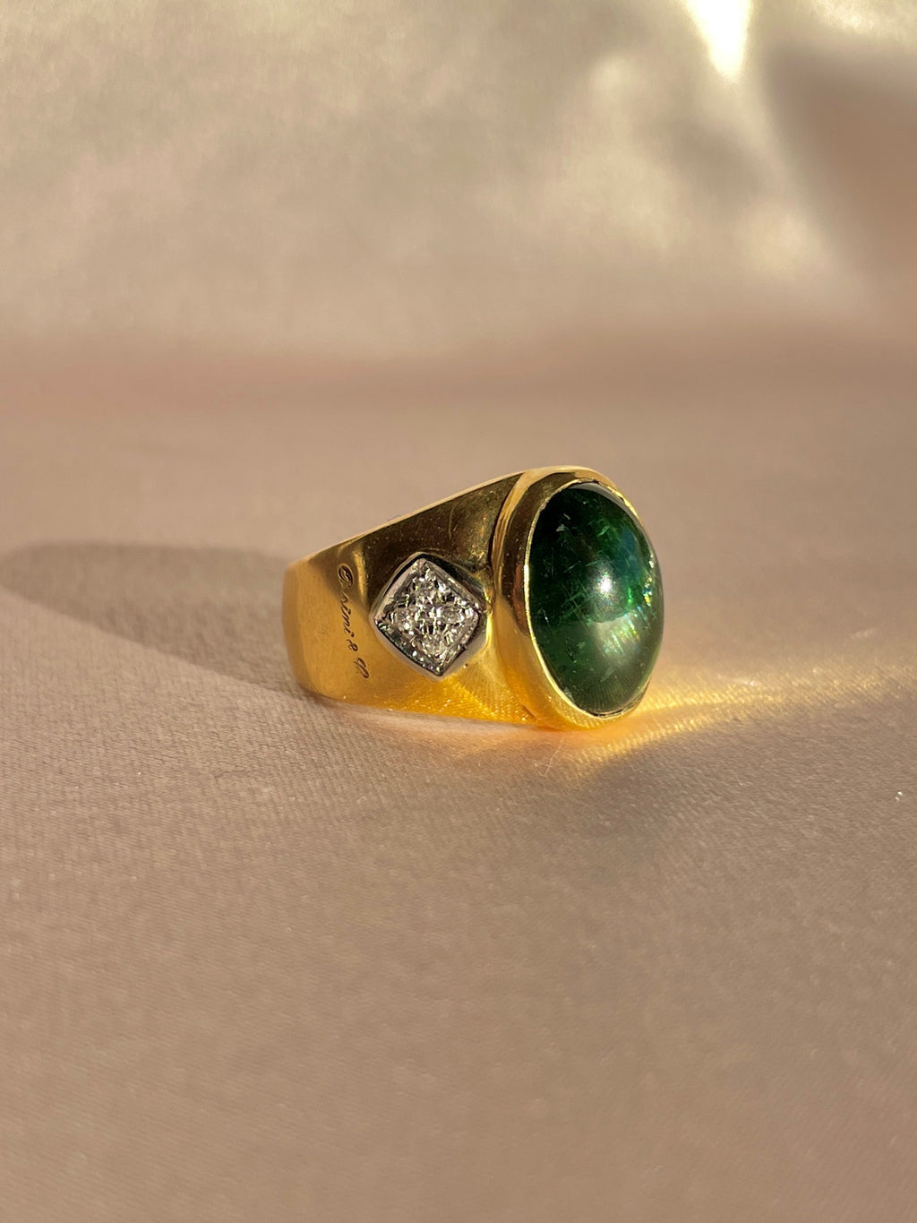 Vintage 18k Tourmaline Diamond Cabochon Ring