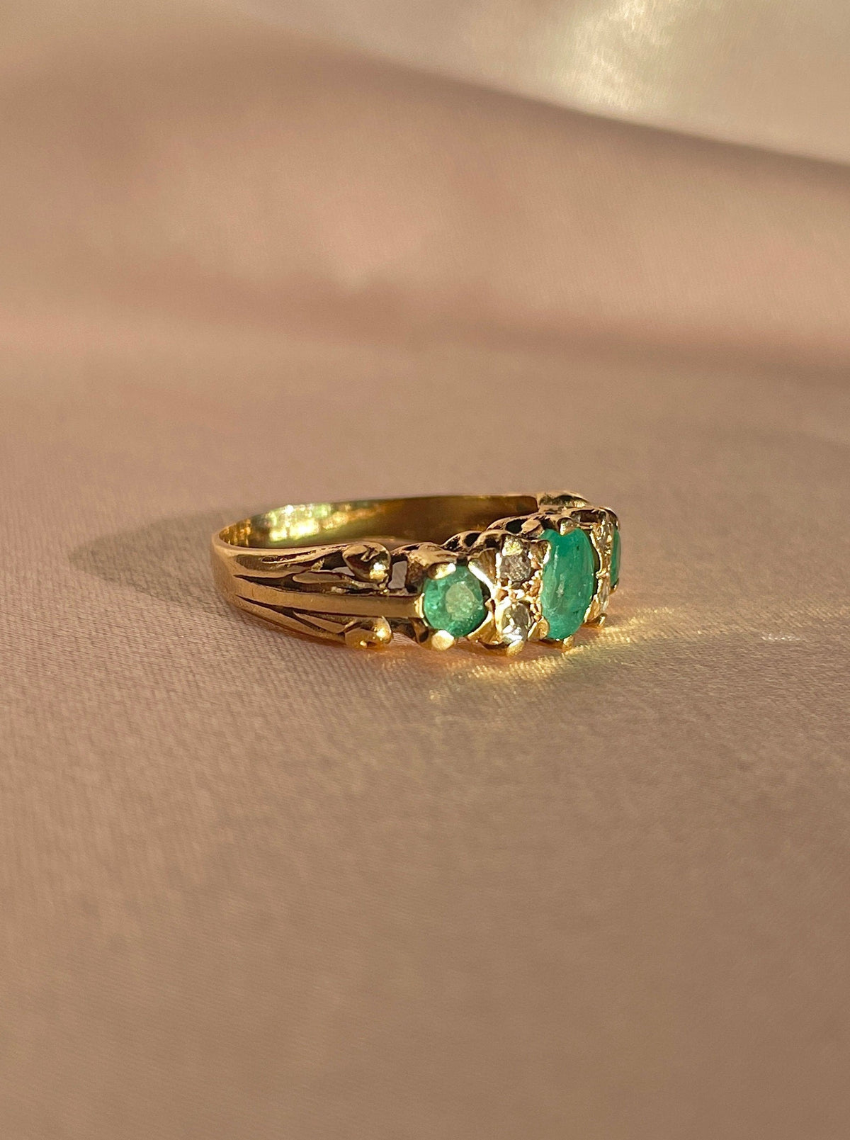 Antique 12k Emerald Diamond Boat Ring
