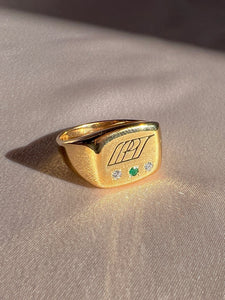 Vintage 10k Emerald Diamond Emblem Signet Ring