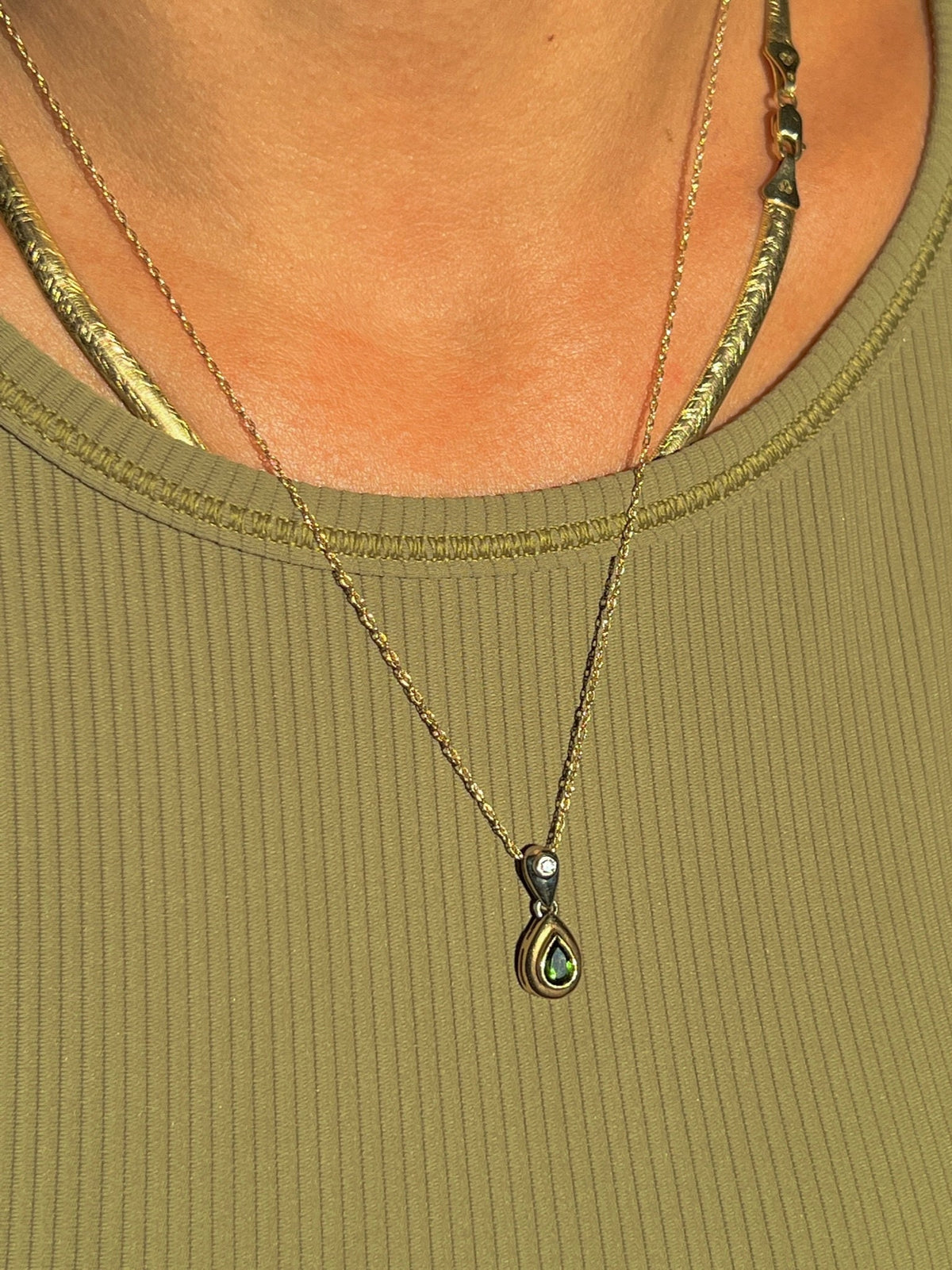 Vintage 14k White Yellow Gold Diamond Tourmaline Drop Necklace