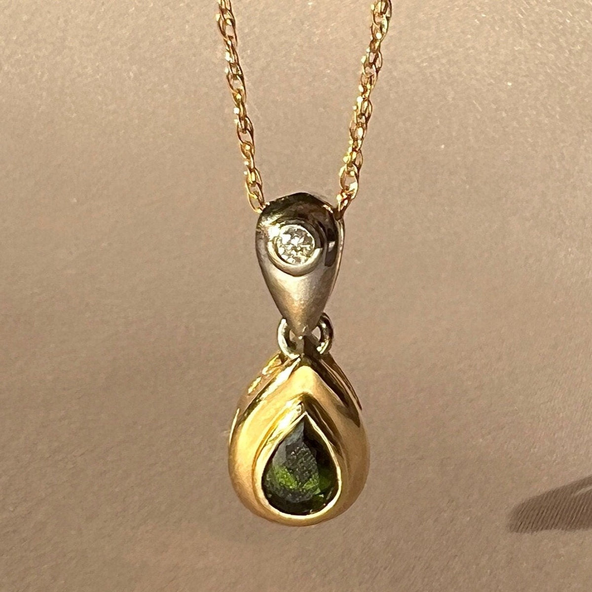 Vintage 14k White Yellow Gold Diamond Tourmaline Drop Necklace