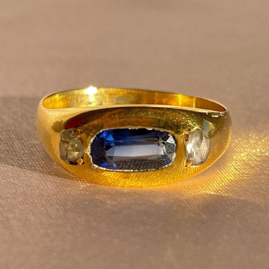Antique 18k Elongated Sapphire Rose Cut Diamond Ring
