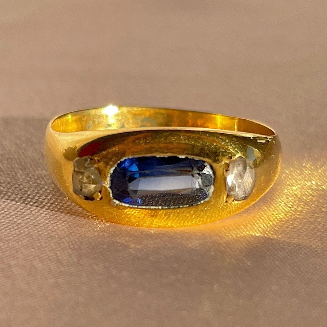 Antique 18k Elongated Sapphire Rose Cut Diamond Ring