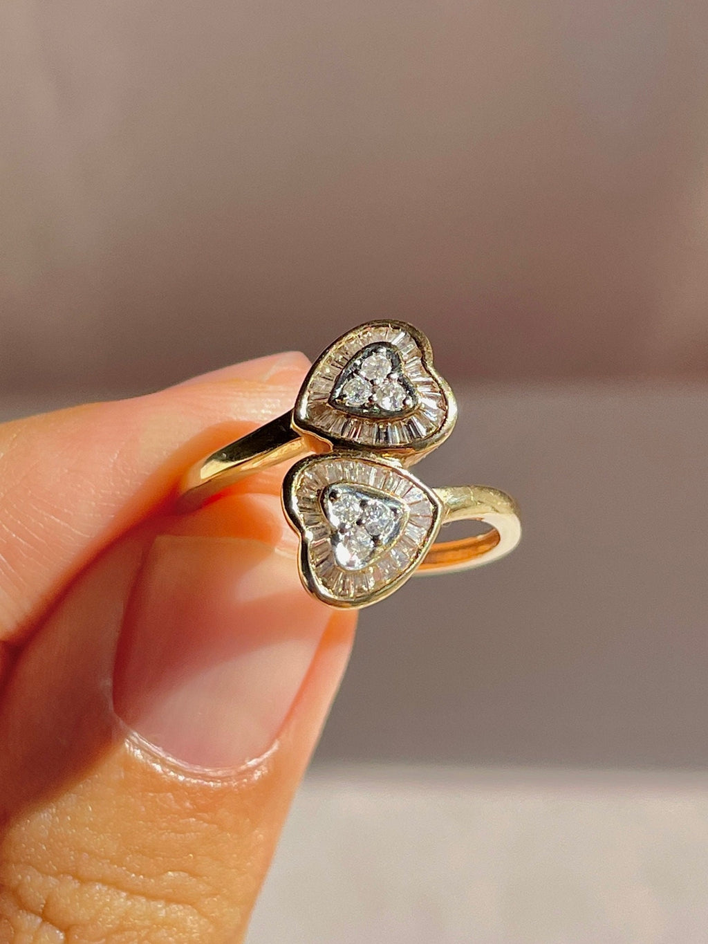 Vintage 14k Diamond Heart Halo Baguette Bypass Ring