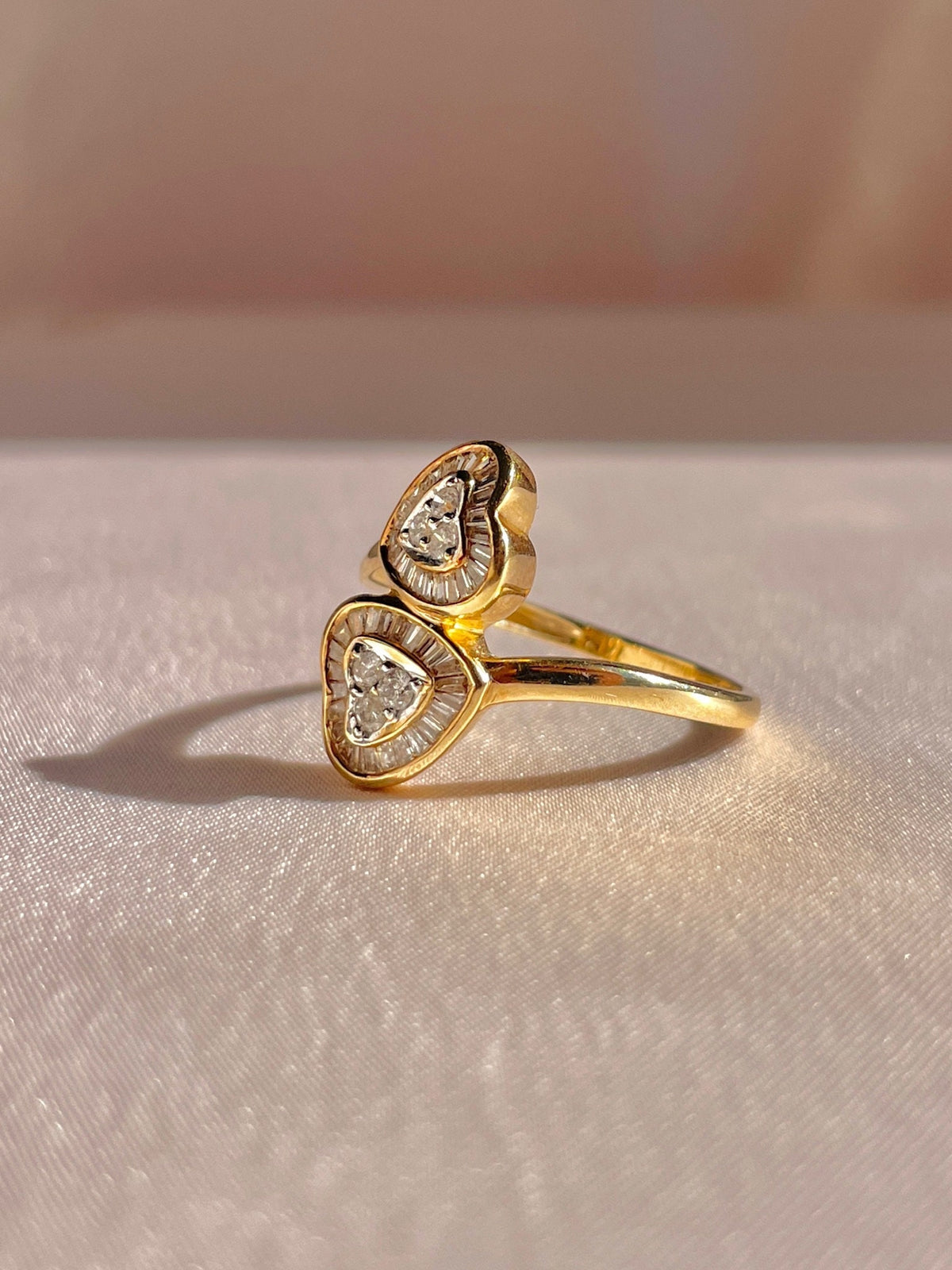 Vintage 14k Diamond Heart Halo Baguette Bypass Ring