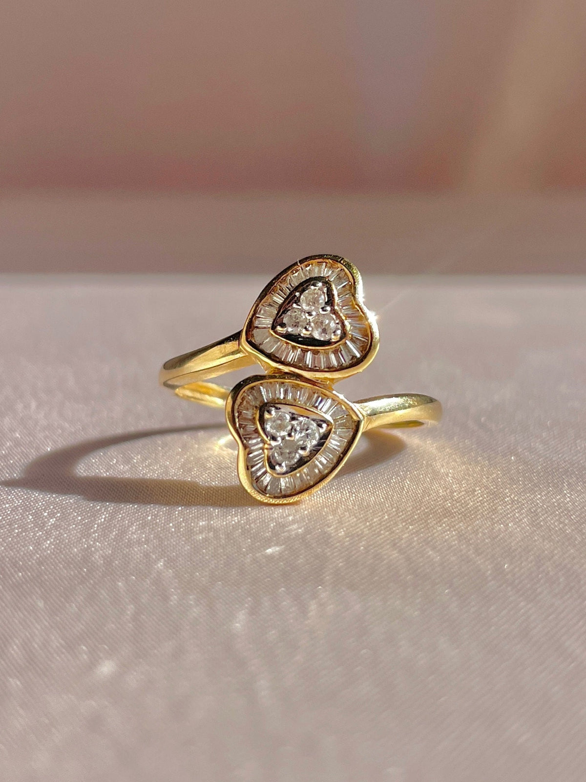 Vintage 14k Diamond Heart Halo Baguette Bypass Ring