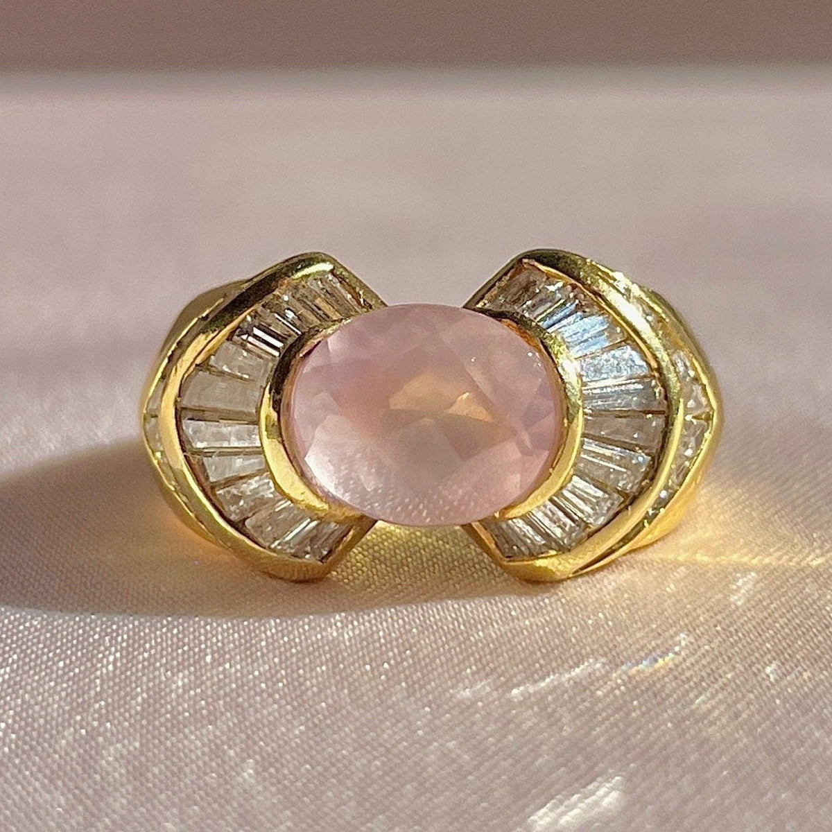 Vintage 18k Rose Quartz Baguette Diamond Ring
