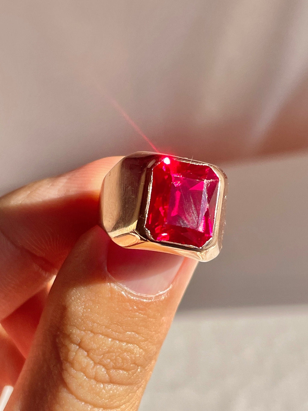 Antique 9k Rose Gold Synth Ruby Signet Ring