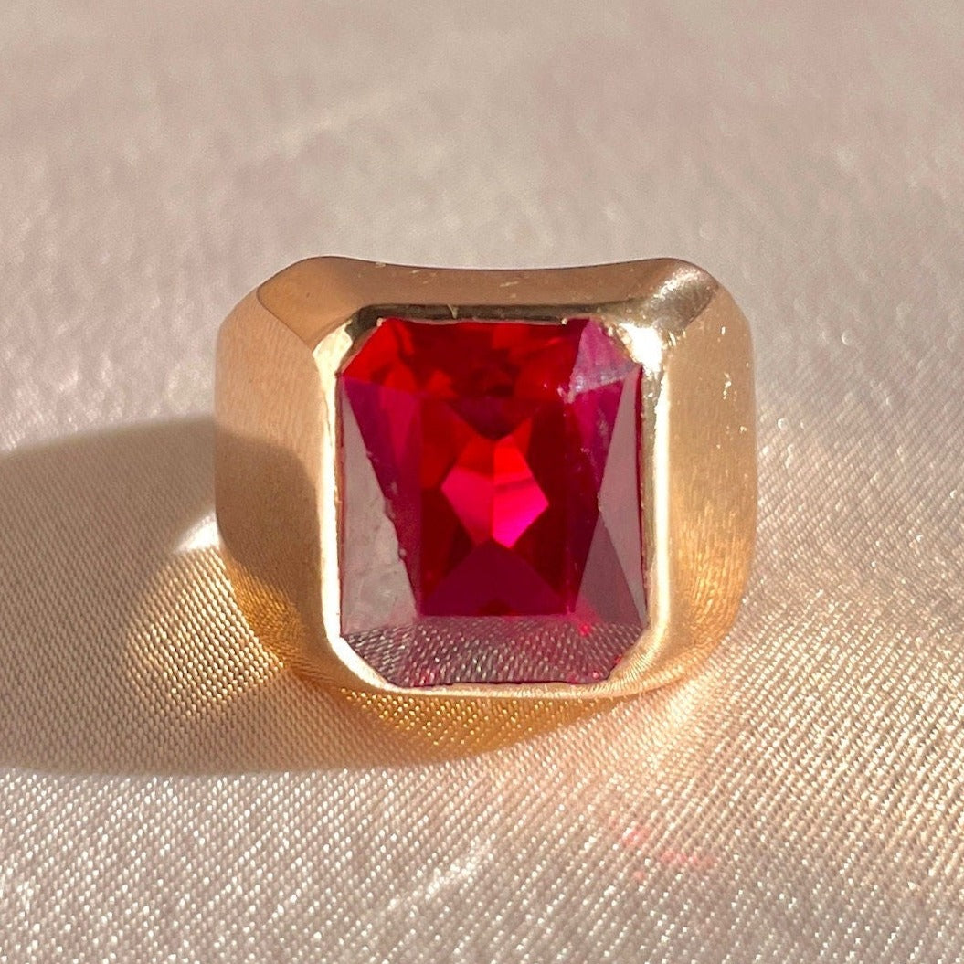 Antique 9k Rose Gold Synth Ruby Signet Ring
